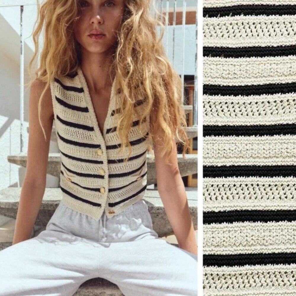 Zara Cream and Black Crochet Button-Down Vest